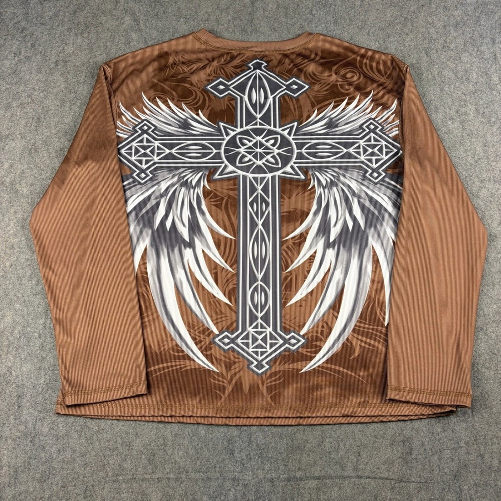 Y2K‎ Grunge Long Sleeve Shirt Cross Wings Skull Men's Size XL Pinkman Punk Emo